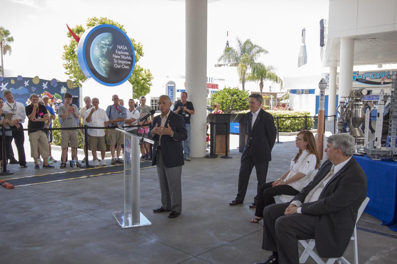 CAPE CANAVERAL, Fla. -- NASA Administrator Charles Bolden, at the podium, addresses the media assembled for a news conference on a new agency partnership at the Kennedy Space Center Visitor Complex in Florida. Also participating in the news conference are, from left, Kennedy Space Center Director Robert Cabana, Kennedy's Director of Public Affairs Lisa Malone, and Space Florida Chief Operating Officer Jim Kuzma. NASA has selected Space Florida, the aerospace economic development agency for the state of Florida, for negotiations toward a partnership agreement to maintain and operate the historic Shuttle Landing Facility, or SLF. NASA issued a request for information to industry in 2012 to identify new and innovative ways to use the facility for current and future commercial and government mission activities. Space Florida's proposal is aligned closely with Kennedy's vision for creating a multiuser spaceport. The SLF, specially designed for space shuttles returning to Kennedy, opened for flights in 1976. The concrete runway is 15,000 feet long and 300 feet wide. The SLF is capable of handling all types and sizes of aircraft and horizontal launch and landing vehicles. For more information on Space Florida, visit http://www.spaceflorida.gov. Photo credit: NASA/Jim Grossmann