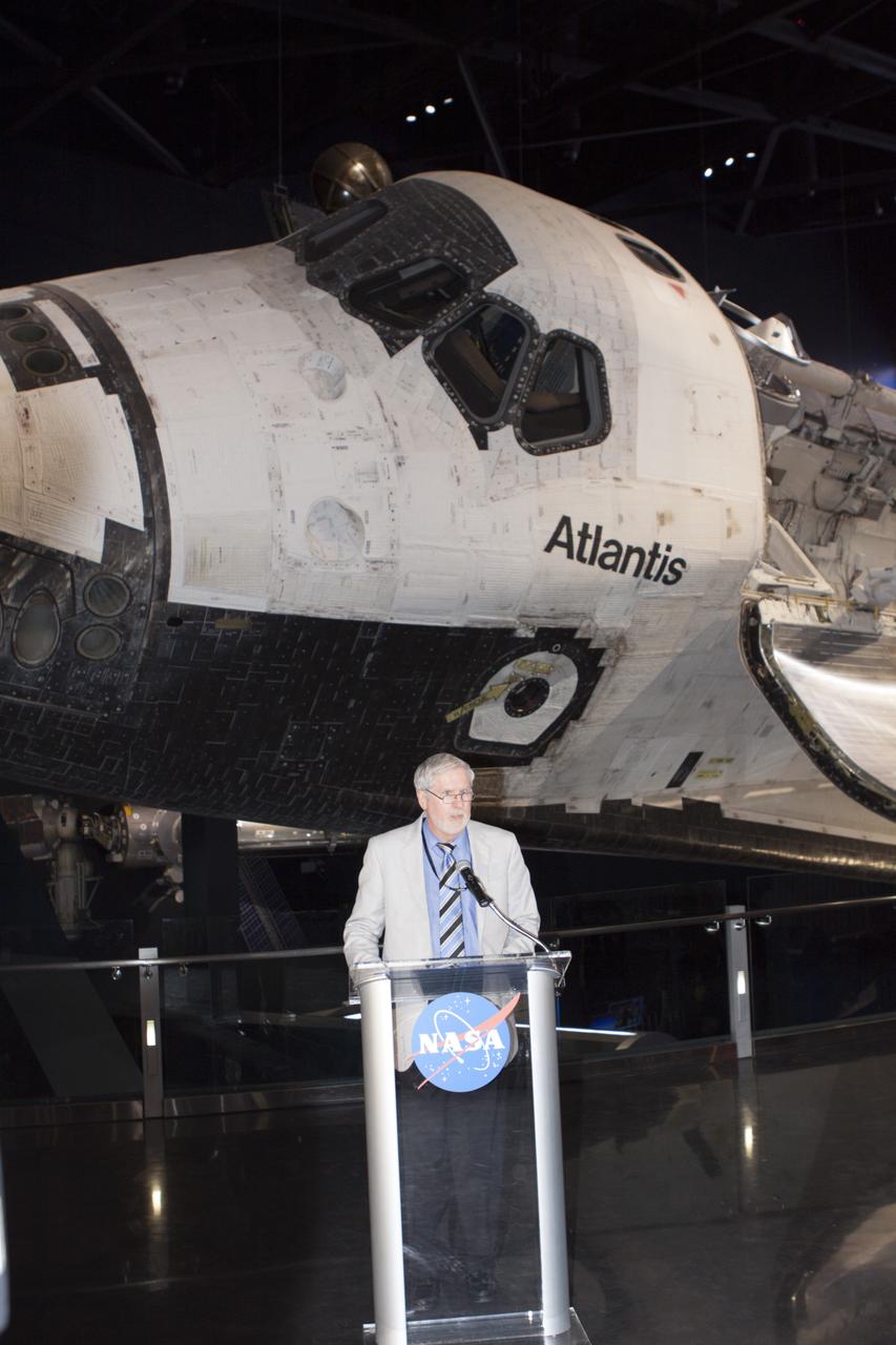 CAPE CANAVERAL, Fla. -- At the Kennedy Space Center Visitor Complex in Florida, Bill Moore, Delaware North Parks and Resorts chief operating officer speaks to news media representatives during the opening of the 90,000-square-foot "Space Shuttle Atlantis" facility.       The new $100 million facility includes interactive exhibits that tell the story of the 30-year Space Shuttle Program and highlight the future of space exploration. The "Space Shuttle Atlantis" exhibit formally opened to the public on June 29, 2013.Photo credit: NASA/Jim Grossmann