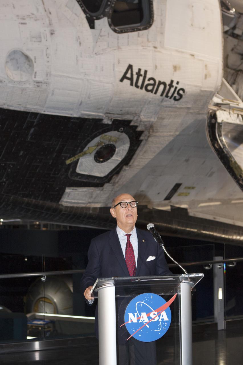 CAPE CANAVERAL, Fla. -- At the Kennedy Space Center Visitor Complex in Florida, Rick Abramson, Delaware North Parks and Resorts president speaks to news media representatives during the opening of the 90,000-square-foot "Space Shuttle Atlantis" facility.      The new $100 million facility includes interactive exhibits that tell the story of the 30-year Space Shuttle Program and highlight the future of space exploration. The "Space Shuttle Atlantis" exhibit formally opened to the public on June 29, 2013.Photo credit: NASA/Jim Grossmann