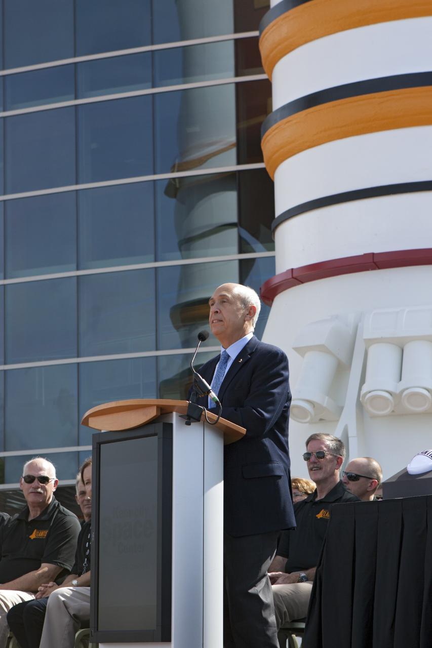 CAPE CANAVERAL, Fla. -- At the Kennedy Space Center Visitor Complex in Florida, Rick Abramson, Delaware North Parks and Resorts president, speaks to guests during the opening of the 90,000-square-foot "Space Shuttle Atlantis" facility.      The new $100 million facility includes interactive exhibits that tell the story of the 30-year Space Shuttle Program and highlight the future of space exploration. The "Space Shuttle Atlantis" exhibit formally opened to the public on June 29, 2013.Photo credit: NASA/Jim Grossmann