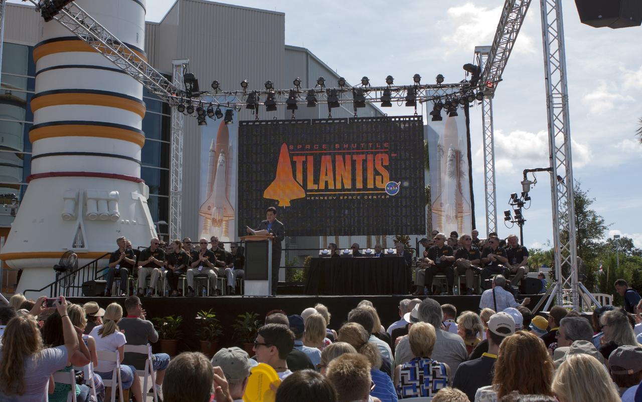 CAPE CANAVERAL, Fla. -- At the Kennedy Space Center Visitor Complex in Florida, CNN correspondent John Zarrella speaks to guests at the opening of the new "Space Shuttle Atlantis" facility. Zarrella served as master of ceremonies for the event.      The new $100 million facility includes interactive exhibits that tell the story of the 30-year Space Shuttle Program and highlight the future of space exploration. The "Space Shuttle Atlantis" exhibit formally opened to the public on June 29, 2013.Photo credit: NASA/Jim Grossmann
