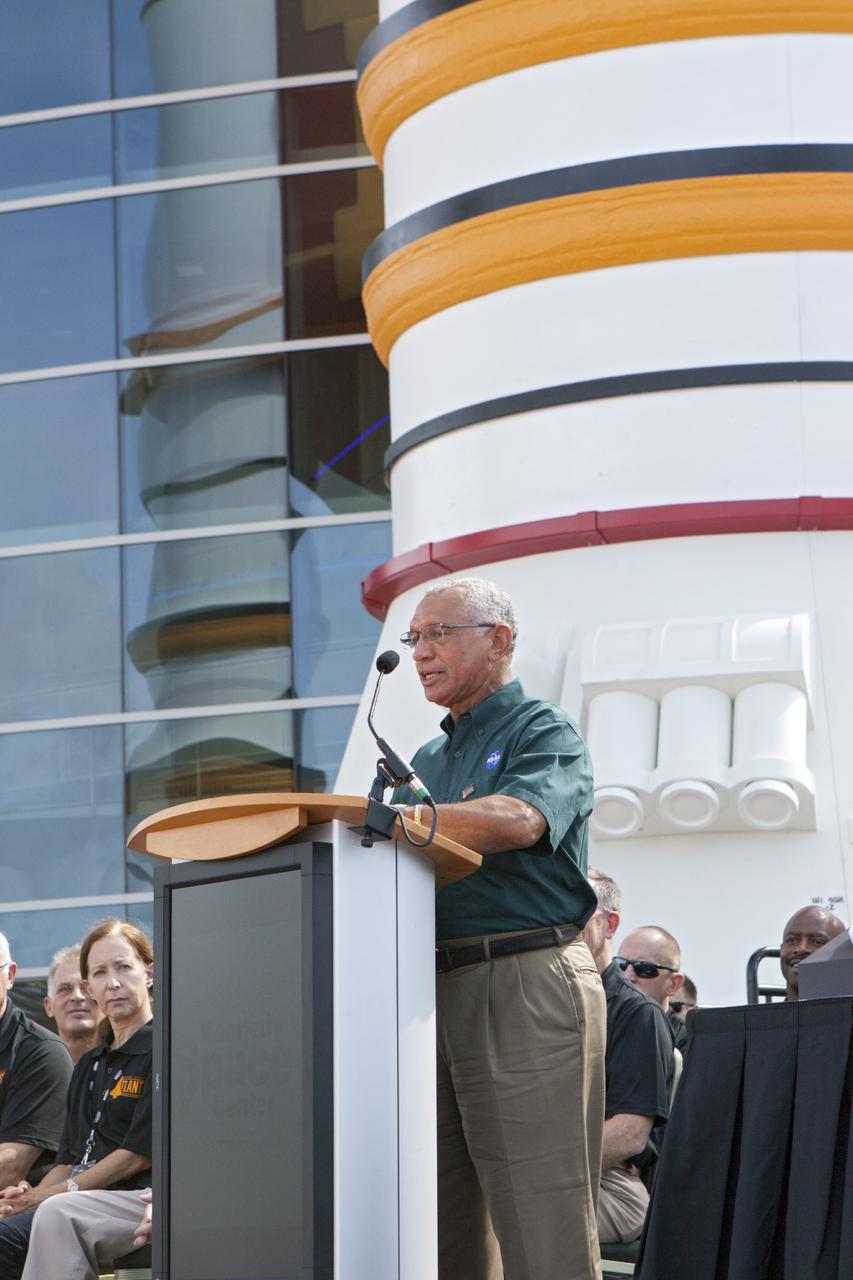 CAPE CANAVERAL, Fla. -- During opening ceremonies for the new 90,000-square-foot "Space Shuttle Atlantis" facility at the Kennedy Space Center Visitor Complex in Florida, NASA Administrator Charlie Bolden speaks to guests gathered for the ceremony.      The new $100 million facility includes interactive exhibits that tell the story of the 30-year Space Shuttle Program and highlight the future of space exploration. The "Space Shuttle Atlantis" exhibit formally opened to the public on June 29, 2013.Photo credit: NASA/Jim Grossmann