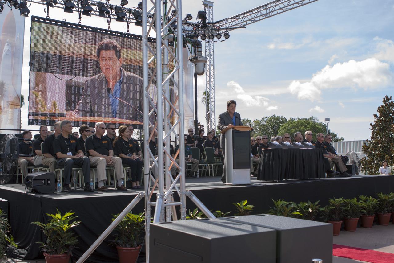 CAPE CANAVERAL, Fla. -- At the Kennedy Space Center Visitor Complex in Florida, CNN correspondent John Zarrella speaks to guests at the opening of the new "Space Shuttle Atlantis" facility. Zarrella served as master of ceremonies for the event.      The new $100 million facility includes interactive exhibits that tell the story of the 30-year Space Shuttle Program and highlight the future of space exploration. The "Space Shuttle Atlantis" exhibit formally opened to the public on June 29, 2013.Photo credit: NASA/Jim Grossmann