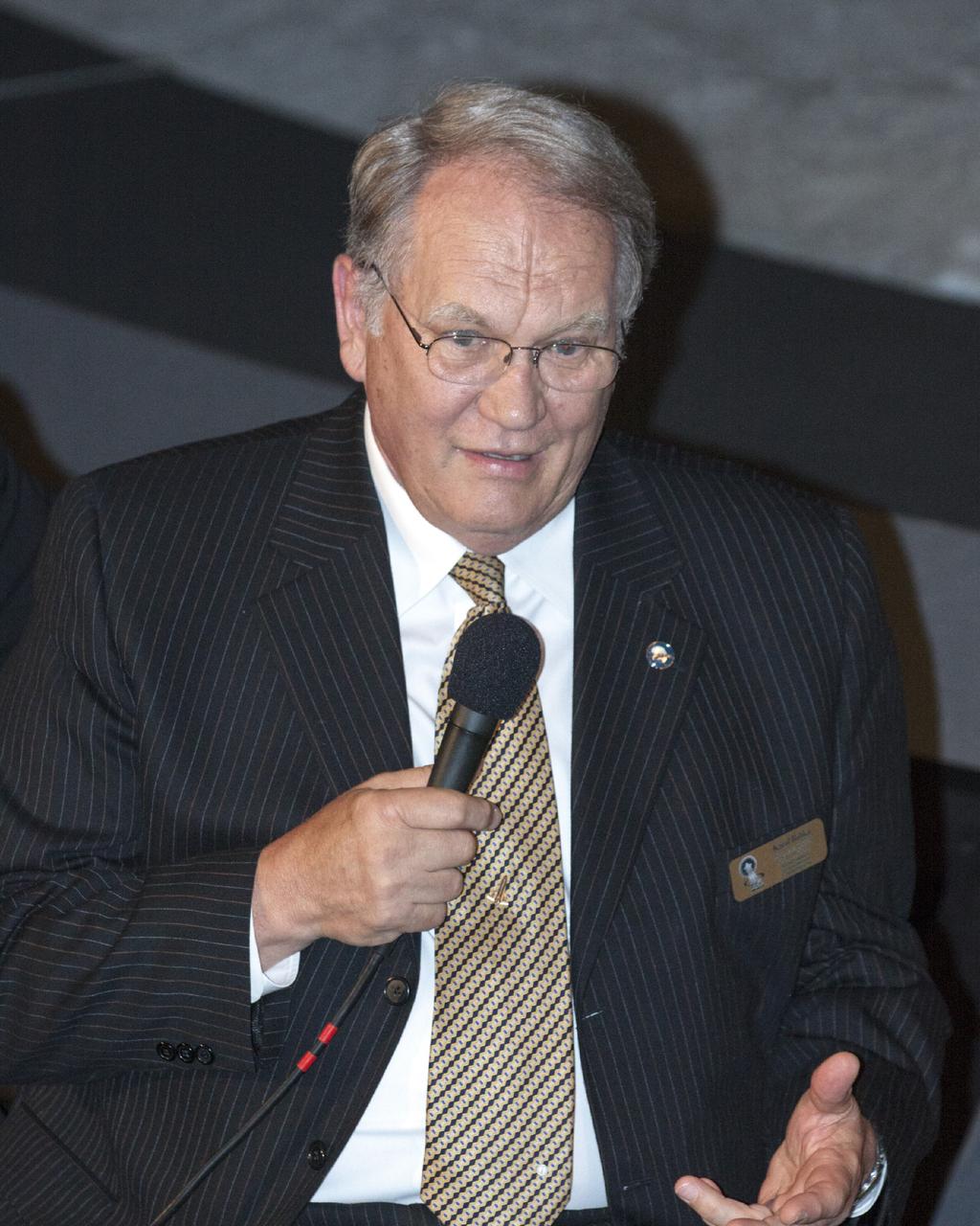 CAPE CANAVERAL, Fla. – At the Kennedy Space Center's Apollo/Saturn V Center, former NASA astronaut Karol Bobko speaks to guests at the Astronaut Scholarship Foundation's event celebrating the 40th anniversary of Skylab. Bobko, along with astronauts Robert Crippen and William Thornton, took part in a 56-day activity during 1972 called SMEAT -- Skylab Medical Experiment Altitude Test -- that preceded the launch of Skylab and helped NASA evaluate equipment and procedures proposed for the long-duration Skylab missions. Bobko went on to fly missions during the Space Shuttle Program.      The gala commemorating the 40th anniversary of Skylab included six of the nine astronauts who flew missions to America's first space station. The orbiting laboratory was launched unpiloted from Kennedy on May 14, 1973. Between May 25, 1973 and Feb. 8, 1974, crews of three spent 28, 59 and 84 days living and working in low-Earth orbit aboard the station. For more information, visit http://www.nasa.gov/mission_pages/skylab/ Photo credit: NASA/Kim Shiflett