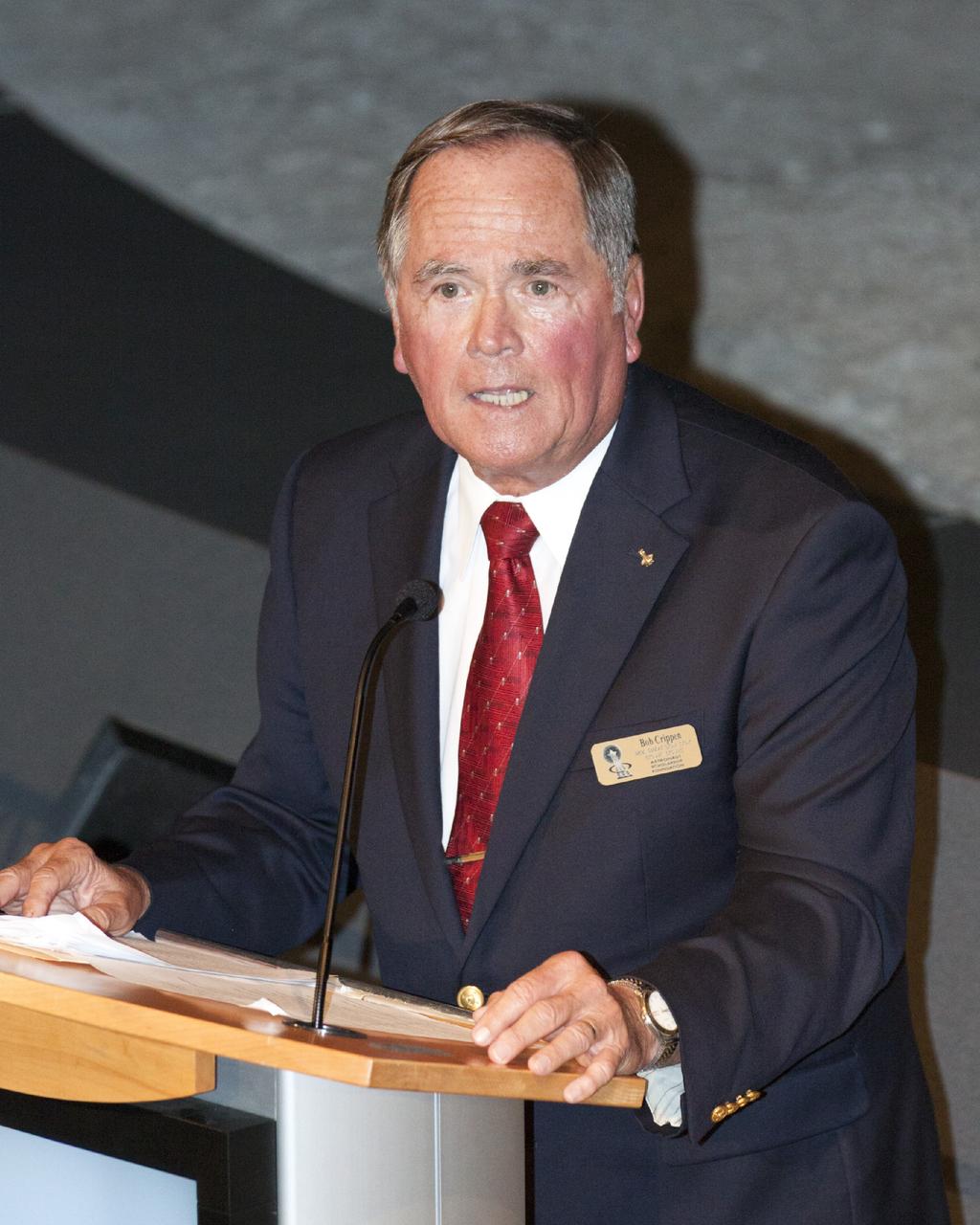 CAPE CANAVERAL, Fla. – At the Kennedy Space Center's Apollo/Saturn V Center, former NASA astronaut Robert Crippen speaks to guests at the Astronaut Scholarship Foundation's event celebrating the 40th anniversary of Skylab. Crippen, along with astronauts William Thornton and Karol Bobko, took part in a 56-day activity during 1972 called SMEAT -- Skylab Medical Experiment Altitude Test -- that preceded the launch of Skylab and helped NASA evaluate equipment and procedures proposed for the long-duration Skylab missions. Crippen went on to fly missions during the Space Shuttle Program and served as center director at Kennedy from January 1992 until January 1995.      The gala commemorating the 40th anniversary of Skylab included six of the nine astronauts who flew missions to America's first space station. The orbiting laboratory was launched unpiloted from Kennedy on May 14, 1973. Between May 25, 1973 and Feb. 8, 1974, crews of three spent 28, 59 and 84 days living and working in low-Earth orbit aboard the station. For more information, visit http://www.nasa.gov/mission_pages/skylab/ Photo credit: NASA/Kim Shiflett