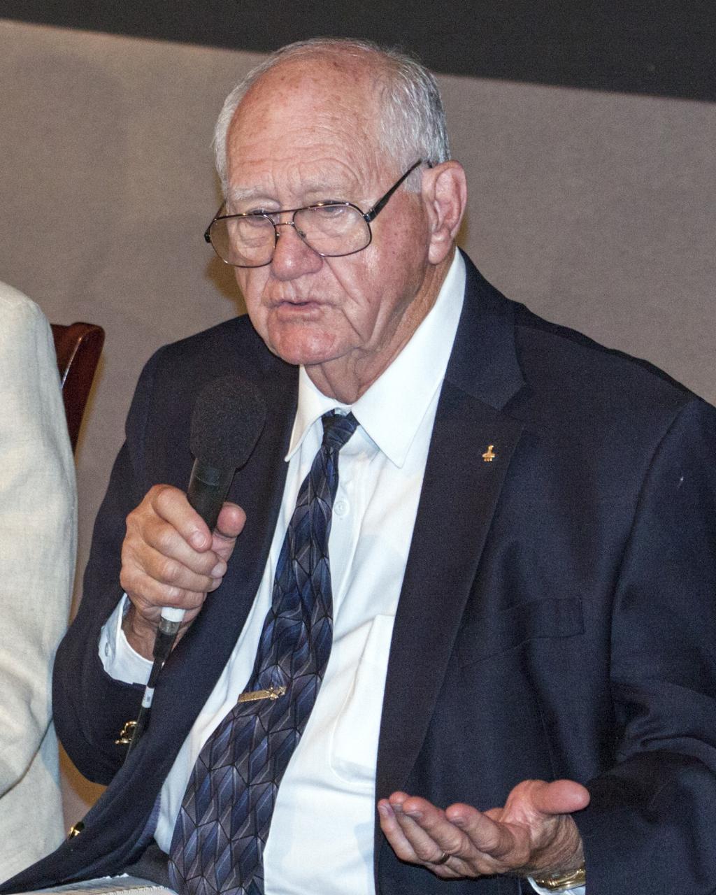 CAPE CANAVERAL, Fla. – At the Kennedy Space Center's Apollo/Saturn V Center, former NASA astronaut William Pogue speaks to guests at the Astronaut Scholarship Foundation's event celebrating the 40th anniversary of Skylab. Pogue served as pilot on Skylab 4, the third piloted mission to the space station.      The gala commemorating the 40th anniversary of Skylab included six of the nine astronauts who flew missions to America's first space station. The orbiting laboratory was launched unpiloted from Kennedy on May 14, 1973. Between May 25, 1973 and Feb. 8, 1974, crews of three spent 28, 59 and 84 days living and working in low-Earth orbit aboard the station. For more information, visit http://www.nasa.gov/mission_pages/skylab/ Photo credit: NASA/Kim Shiflett