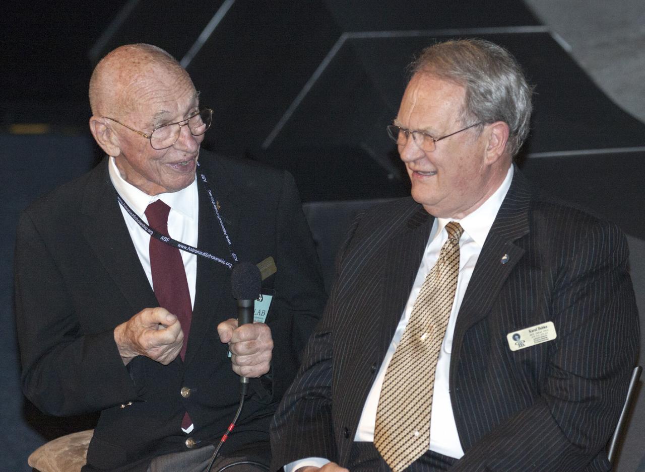 CAPE CANAVERAL, Fla. – At the Kennedy Space Center's Apollo/Saturn V Center, former NASA astronauts William Thornton, left, and Karol Bobko recall experiences during the Astronaut Scholarship Foundation's event celebrating the 40th anniversary of Skylab. Along with astronaut Robert Crippen, Thornton, and Bobko, took part in a 56-day activity during 1972 called SMEAT -- Skylab Medical Experiment Altitude Test -- that preceded the launch of Skylab and helped NASA evaluate equipment and procedures proposed for the long-duration Skylab missions. Thornton and Bobko went on to fly missions during the Space Shuttle Program.      The gala commemorating the 40th anniversary of Skylab included six of the nine astronauts who flew missions to America's first space station. The orbiting laboratory was launched unpiloted from Kennedy on May 14, 1973. Between May 25, 1973 and Feb. 8, 1974, crews of three spent 28, 59 and 84 days living and working in low-Earth orbit aboard the station. For more information, visit http://www.nasa.gov/mission_pages/skylab/ Photo credit: NASA/Kim Shiflett