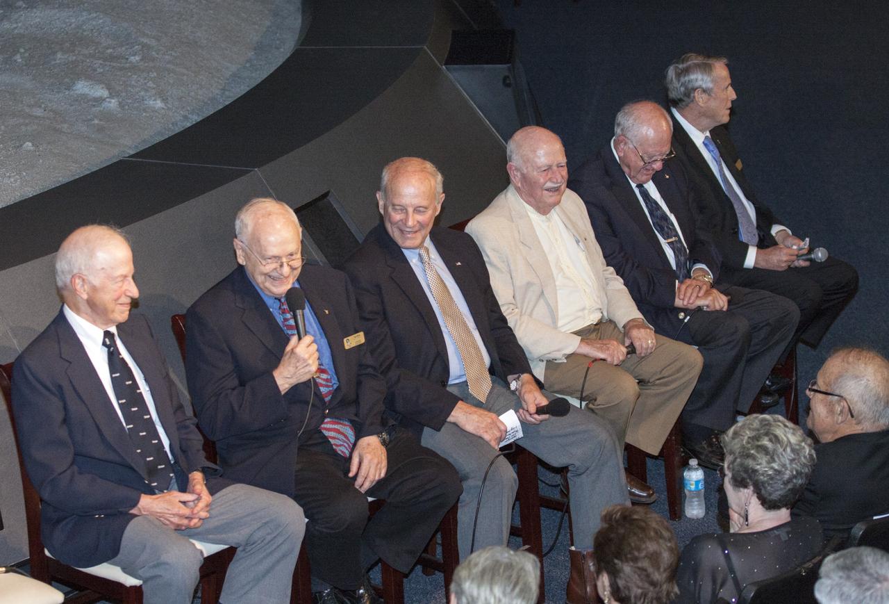 CAPE CANAVERAL, Fla. – At the Kennedy Space Center's Apollo/Saturn V Center, Skylab astronauts, from the left, Paul Weitz, Alan Bean, Jack Lousma, Gerald Carr, William Pogue and Edward Gibson recall experiences during the Astronaut Scholarship Foundation's event celebrating the 40th anniversary of Skylab.      The gala commemorating the 40th anniversary of Skylab included six of the nine astronauts who flew missions to America's first space station. The orbiting laboratory was launched unpiloted from Kennedy on May 14, 1973. Between May 25, 1973 and Feb. 8, 1974, crews of three spent 28, 59 and 84 days living and working in low-Earth orbit aboard the station. For more information, visit http://www.nasa.gov/mission_pages/skylab/ Photo credit: NASA/Kim Shiflett