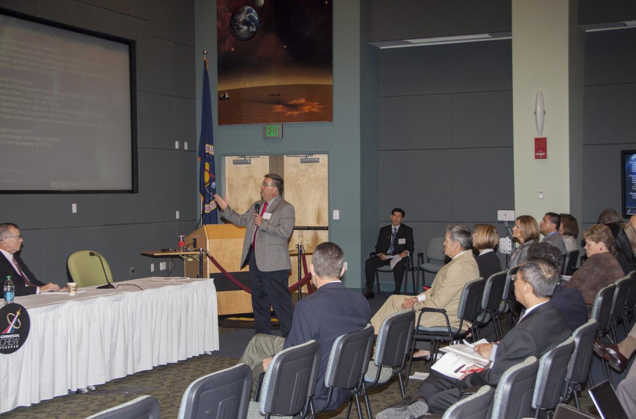 CAPE CANAVERAL, Fla. - Ed Mango, manager of NASA's Commercial Crew Program, or CCP, makes opening remarks at the Commercial Crew Transportation Capability, or CCtCap, Pre-Proposal Conference at Kennedy Space Center in Florida. CCtCap will be the next phase of certification efforts for CCP mission to the International Space Station. The purpose of the conference was to involve aerospace industry representatives in the CCtCap draft Request for Proposal, or RFP, process and provide a greater understanding for both parties before the official RFP is released in the fall of 2013.    To learn more about CCP, visit www.nasa.gov/commercialcrew. Photo credit: NASA/Jim Grossmann