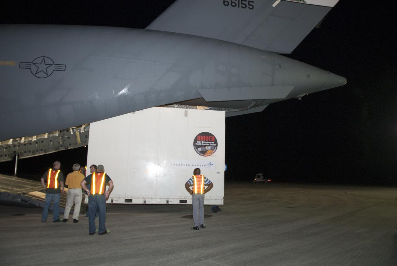 CAPE CANAVERAL, Fla. – The MAVEN spacecraft is offloaded from a C-17 aircraft at NASA's Kennedy Space Center in Florida. The aircraft delivered MAVEN for processing ahead of a launch later this year on a United Launch Alliance Atlas V rocket. MAVEN, short for Mars Atmosphere and Volatile Evolution, will orbit Mars to study the Red Planet's upper atmosphere in unprecedented detail. Photo credit: NASA/Tim Jacobs