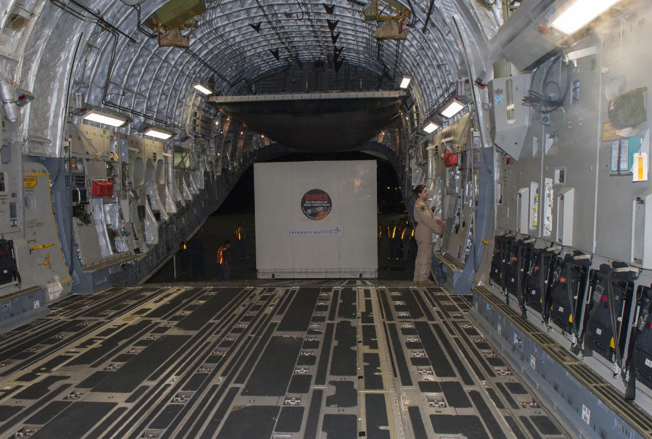CAPE CANAVERAL, Fla. – The MAVEN spacecraft is offloaded from a C-17 aircraft at NASA's Kennedy Space Center in Florida. The aircraft delivered MAVEN for processing ahead of a launch later this year on a United Launch Alliance Atlas V rocket. MAVEN, short for Mars Atmosphere and Volatile Evolution, will orbit Mars to study the Red Planet's upper atmosphere in unprecedented detail. Photo credit: NASA/Tim Jacobs
