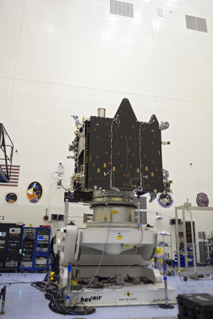 CAPE CANAVERAL, Fla. – NASA’s Mars Atmosphere and Volatile Evolution MAVEN spacecraft stands on a processing stand inside the Payload Hazardous Servicing Facility on Aug. 3, 2013, at the agency’s Kennedy Space Center in Florida. MAVEN will be prepared inside the facility for its scheduled November launch to Mars. Positioned in an orbit above the Red Planet, MAVEN will study the upper atmosphere of Mars in unprecedented detail. Photo credit: NASA/Tim Jacobs
