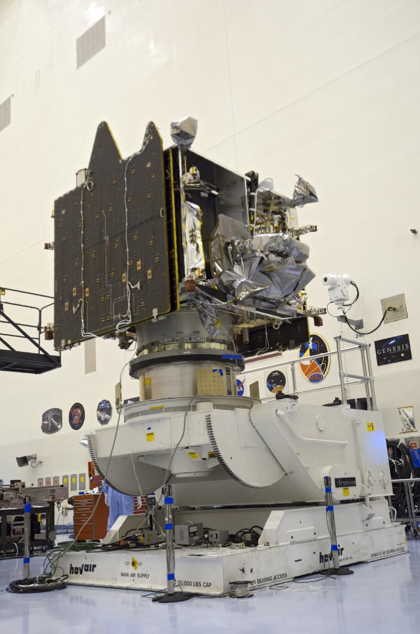 CAPE CANAVERAL, Fla. – NASA’s Mars Atmosphere and Volatile Evolution MAVEN spacecraft stands on a processing stand inside the Payload Hazardous Servicing Facility on Aug. 3, 2013, at the agency’s Kennedy Space Center in Florida. MAVEN will be prepared inside the facility for its scheduled November launch to Mars. Positioned in an orbit above the Red Planet, MAVEN will study the upper atmosphere of Mars in unprecedented detail. Photo credit: NASA/Tim Jacobs