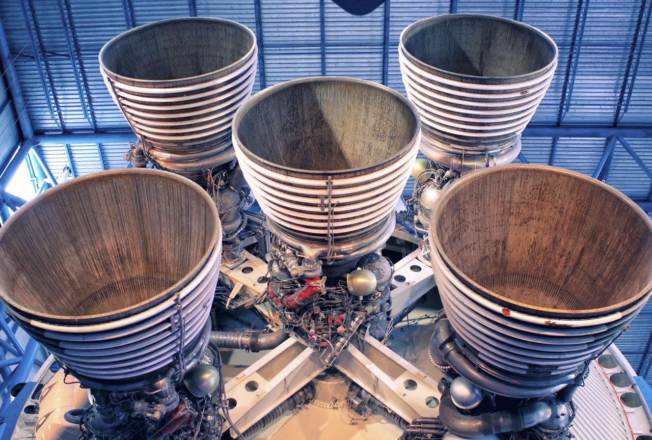 CAPE CANAVERAL, Fla. – As seen on Google Maps, the massive F-1 engines of the Saturn V's first stage on display inside the Apollo/Saturn V Center at the Kennedy Space Center Visitor Complex. Each engine stands 19 feet tall with a diameter of more than 12 feet. The five engines on the first stage produced 7.5 million pounds of thrust at liftoff. The Saturn V was used to launch NASA's Apollo missions to the moon which saw 12 astronauts land and work on the lunar surface. Google precisely mapped Kennedy Space Center and some of its historical facilities for the company's map page. Photo credit: Google/Wendy Wang