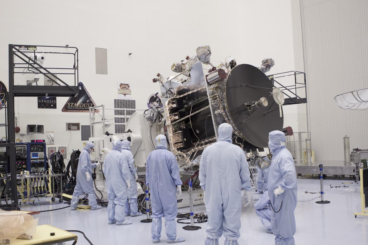 CAPE CANAVERAL, Fla. – Inside the Payload Hazardous Servicing Facility at NASA's Kennedy Space Center in Florida, engineers and technicians prepare to move the Mars Atmosphere and Volatile Evolution, or MAVEN, spacecraft to a work stand for electrical testing. MAVEN is being prepared for its scheduled launch in November from Cape Canaveral Air Force Station, Fla. atop a United Launch Alliance Atlas V rocket. Positioned in an orbit above the Red Planet, MAVEN will study the upper atmosphere of Mars in unprecedented detail. For more information, visit: http://www.nasa.gov/mission_pages/maven/main/index.html Photo credit: NASA/Jim Grossmann MAVEN is being prepared inside the facility for its scheduled November launch aboard a United Launch Alliance Atlas V rocket to Mars. Positioned in an orbit above the Red Planet, MAVEN will study the upper atmosphere of Mars in unprecedented detail. Photo credit: NASA/Jim Grossmann