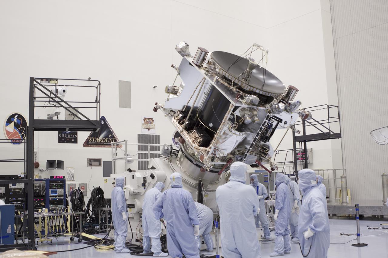 CAPE CANAVERAL, Fla. – Inside the Payload Hazardous Servicing Facility at NASA's Kennedy Space Center in Florida, engineers and technicians prepare to move the Mars Atmosphere and Volatile Evolution, or MAVEN, spacecraft to a work stand for electrical testing. MAVEN is being prepared for its scheduled launch in November from Cape Canaveral Air Force Station, Fla. atop a United Launch Alliance Atlas V rocket. Positioned in an orbit above the Red Planet, MAVEN will study the upper atmosphere of Mars in unprecedented detail. For more information, visit: http://www.nasa.gov/mission_pages/maven/main/index.html Photo credit: NASA/Jim Grossmann MAVEN is being prepared inside the facility for its scheduled November launch aboard a United Launch Alliance Atlas V rocket to Mars. Positioned in an orbit above the Red Planet, MAVEN will study the upper atmosphere of Mars in unprecedented detail. Photo credit: NASA/Jim Grossmann