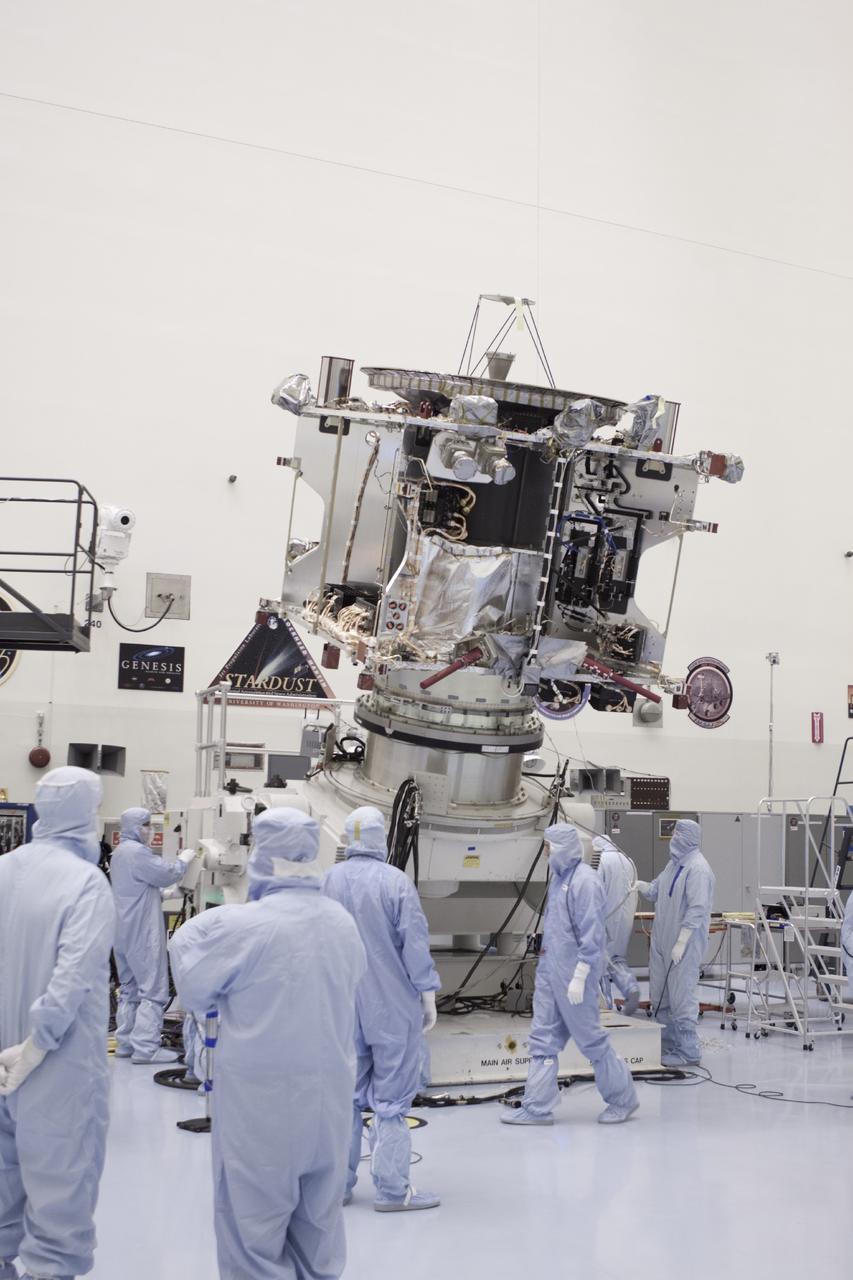 CAPE CANAVERAL, Fla. – Inside the Payload Hazardous Servicing Facility at NASA's Kennedy Space Center in Florida, engineers and technicians prepare to move the Mars Atmosphere and Volatile Evolution, or MAVEN, spacecraft to a work stand for electrical testing. MAVEN is being prepared for its scheduled launch in November from Cape Canaveral Air Force Station, Fla. atop a United Launch Alliance Atlas V rocket. Positioned in an orbit above the Red Planet, MAVEN will study the upper atmosphere of Mars in unprecedented detail. For more information, visit: http://www.nasa.gov/mission_pages/maven/main/index.html Photo credit: NASA/Jim Grossmann MAVEN is being prepared inside the facility for its scheduled November launch aboard a United Launch Alliance Atlas V rocket to Mars. Positioned in an orbit above the Red Planet, MAVEN will study the upper atmosphere of Mars in unprecedented detail. Photo credit: NASA/Jim Grossmann
