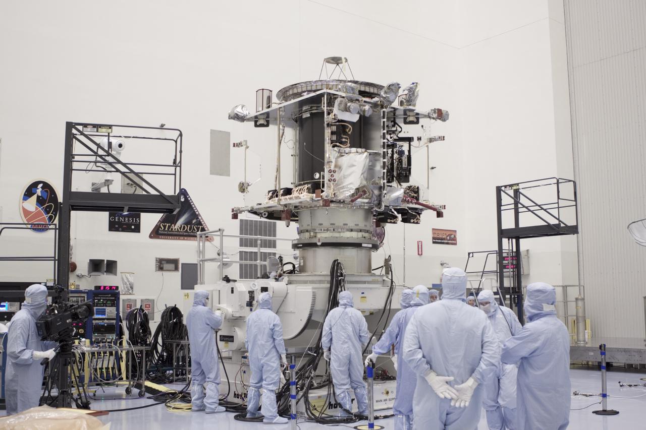 CAPE CANAVERAL, Fla. – Inside the Payload Hazardous Servicing Facility at NASA's Kennedy Space Center in Florida, engineers and technicians prepare to move the Mars Atmosphere and Volatile Evolution, or MAVEN, spacecraft to a work stand for electrical testing. MAVEN is being prepared for its scheduled launch in November from Cape Canaveral Air Force Station, Fla. atop a United Launch Alliance Atlas V rocket. Positioned in an orbit above the Red Planet, MAVEN will study the upper atmosphere of Mars in unprecedented detail. For more information, visit: http://www.nasa.gov/mission_pages/maven/main/index.html Photo credit: NASA/Jim Grossmann MAVEN is being prepared inside the facility for its scheduled November launch aboard a United Launch Alliance Atlas V rocket to Mars. Positioned in an orbit above the Red Planet, MAVEN will study the upper atmosphere of Mars in unprecedented detail. Photo credit: NASA/Jim Grossmann