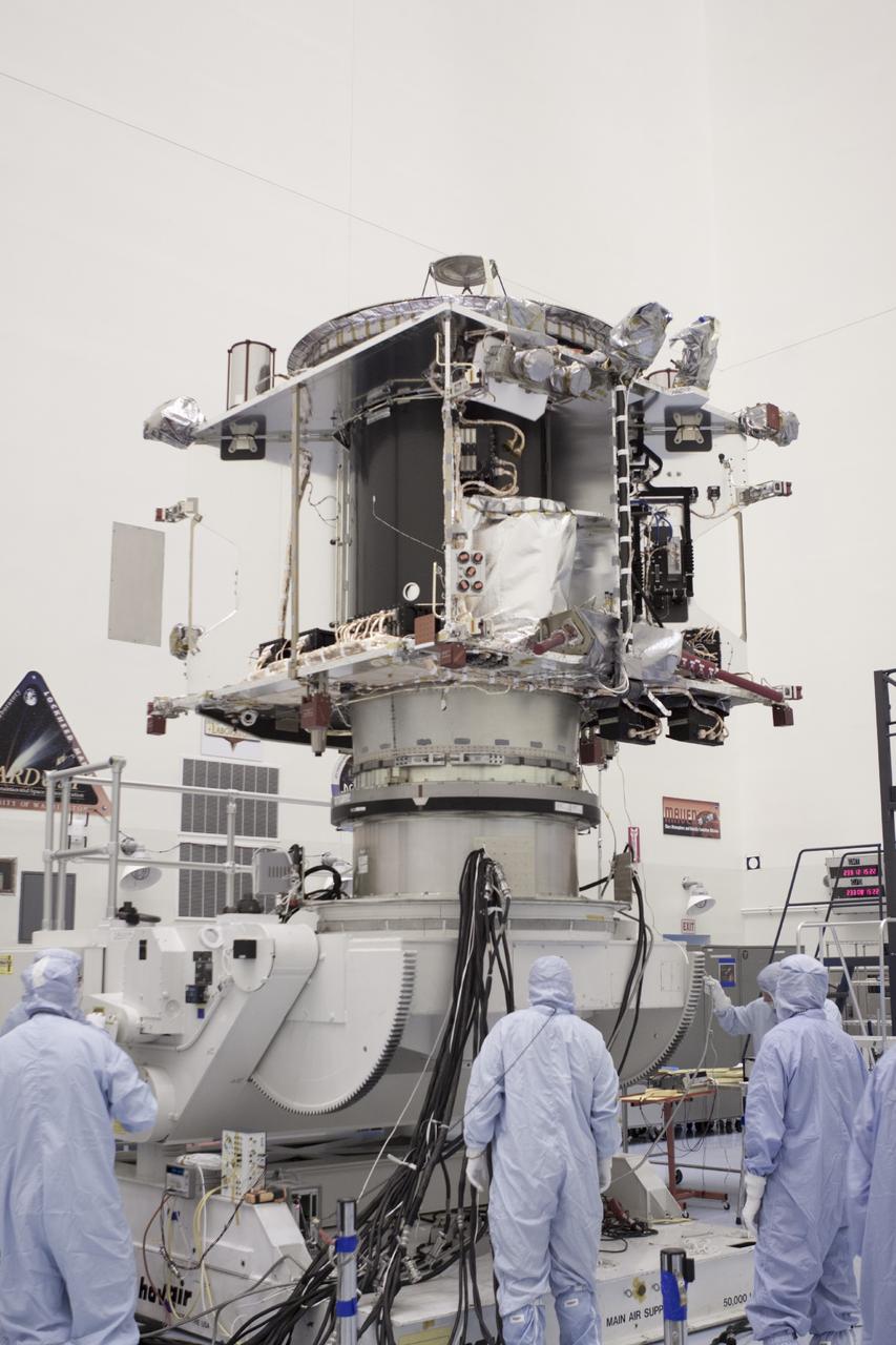 CAPE CANAVERAL, Fla. – Inside the Payload Hazardous Servicing Facility at NASA's Kennedy Space Center in Florida, engineers and technicians prepare to move the Mars Atmosphere and Volatile Evolution, or MAVEN, spacecraft to a work stand for electrical testing. MAVEN is being prepared for its scheduled launch in November from Cape Canaveral Air Force Station, Fla. atop a United Launch Alliance Atlas V rocket. Positioned in an orbit above the Red Planet, MAVEN will study the upper atmosphere of Mars in unprecedented detail. For more information, visit: http://www.nasa.gov/mission_pages/maven/main/index.html Photo credit: NASA/Jim Grossmann MAVEN is being prepared inside the facility for its scheduled November launch aboard a United Launch Alliance Atlas V rocket to Mars. Positioned in an orbit above the Red Planet, MAVEN will study the upper atmosphere of Mars in unprecedented detail. Photo credit: NASA/Jim Grossmann