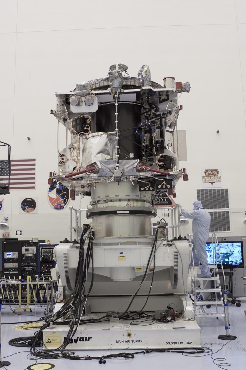 CAPE CANAVERAL, Fla. – Inside the Payload Hazardous Servicing Facility at NASA's Kennedy Space Center in Florida, engineers and technicians prepare to move the Mars Atmosphere and Volatile Evolution, or MAVEN, spacecraft to a work stand for electrical testing. MAVEN is being prepared for its scheduled launch in November from Cape Canaveral Air Force Station, Fla. atop a United Launch Alliance Atlas V rocket. Positioned in an orbit above the Red Planet, MAVEN will study the upper atmosphere of Mars in unprecedented detail. For more information, visit: http://www.nasa.gov/mission_pages/maven/main/index.html Photo credit: NASA/Jim Grossmann MAVEN is being prepared inside the facility for its scheduled November launch aboard a United Launch Alliance Atlas V rocket to Mars. Positioned in an orbit above the Red Planet, MAVEN will study the upper atmosphere of Mars in unprecedented detail. Photo credit: NASA/Jim Grossmann