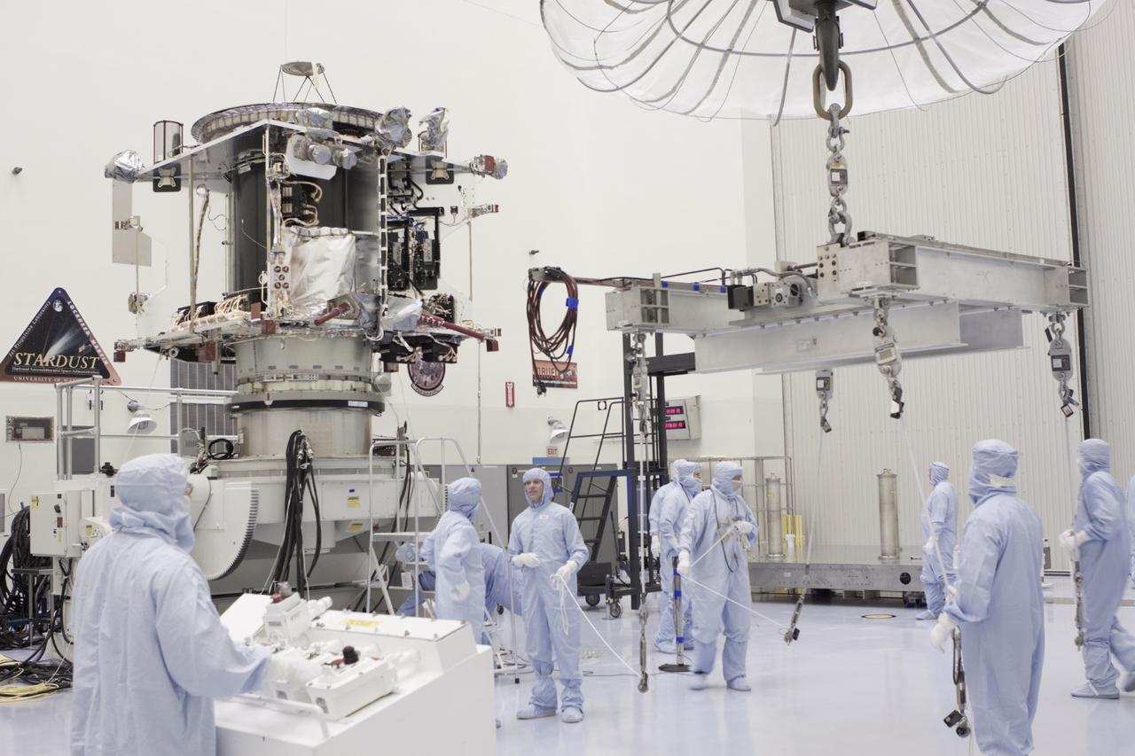 CAPE CANAVERAL, Fla. – Inside the Payload Hazardous Servicing Facility at NASA's Kennedy Space Center in Florida, engineers and technicians position a crane to move the Mars Atmosphere and Volatile Evolution, or MAVEN, spacecraft to a work stand for electrical testing. MAVEN is being prepared for its scheduled launch in November from Cape Canaveral Air Force Station, Fla. atop a United Launch Alliance Atlas V rocket. Positioned in an orbit above the Red Planet, MAVEN will study the upper atmosphere of Mars in unprecedented detail. For more information, visit: http://www.nasa.gov/mission_pages/maven/main/index.html Photo credit: NASA/Jim Grossmann MAVEN is being prepared inside the facility for its scheduled November launch aboard a United Launch Alliance Atlas V rocket to Mars. Positioned in an orbit above the Red Planet, MAVEN will study the upper atmosphere of Mars in unprecedented detail. Photo credit: NASA/Jim Grossmann