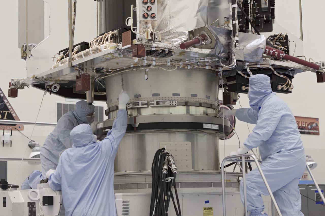 CAPE CANAVERAL, Fla. – Inside the Payload Hazardous Servicing Facility at NASA's Kennedy Space Center in Florida, engineers and technicians prepare to move the Mars Atmosphere and Volatile Evolution, or MAVEN, spacecraft to a work stand for electrical testing. MAVEN is being prepared for its scheduled launch in November from Cape Canaveral Air Force Station, Fla. atop a United Launch Alliance Atlas V rocket. Positioned in an orbit above the Red Planet, MAVEN will study the upper atmosphere of Mars in unprecedented detail. For more information, visit: http://www.nasa.gov/mission_pages/maven/main/index.html Photo credit: NASA/Jim Grossmann MAVEN is being prepared inside the facility for its scheduled November launch aboard a United Launch Alliance Atlas V rocket to Mars. Positioned in an orbit above the Red Planet, MAVEN will study the upper atmosphere of Mars in unprecedented detail. Photo credit: NASA/Jim Grossmann