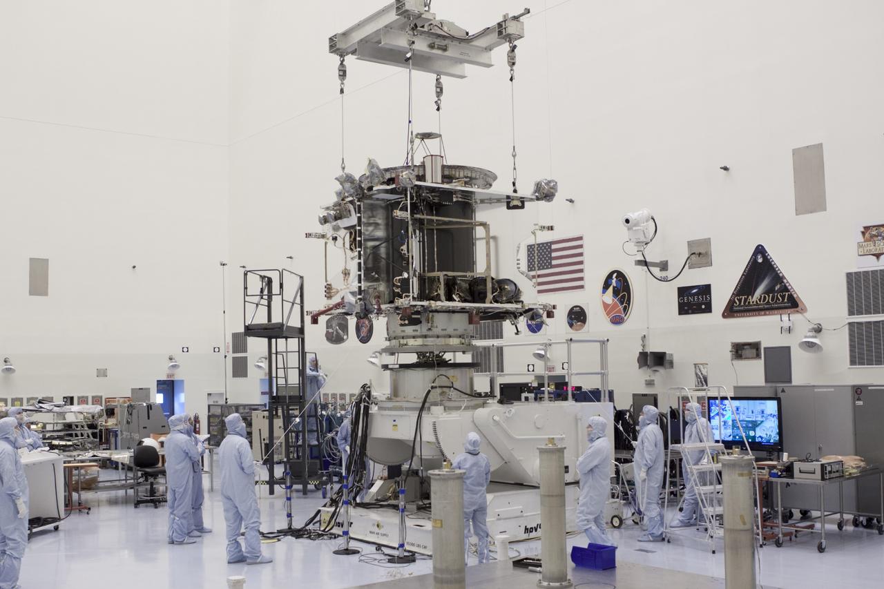 CAPE CANAVERAL, Fla. – Inside the Payload Hazardous Servicing Facility at NASA's Kennedy Space Center in Florida, engineers and technicians use a crane to move the Mars Atmosphere and Volatile Evolution, or MAVEN, spacecraft to a work stand for electrical testing. MAVEN is being prepared for its scheduled launch in November from Cape Canaveral Air Force Station, Fla. atop a United Launch Alliance Atlas V rocket. Positioned in an orbit above the Red Planet, MAVEN will study the upper atmosphere of Mars in unprecedented detail. For more information, visit: http://www.nasa.gov/mission_pages/maven/main/index.html Photo credit: NASA/Jim Grossmann MAVEN is being prepared inside the facility for its scheduled November launch aboard a United Launch Alliance Atlas V rocket to Mars. Positioned in an orbit above the Red Planet, MAVEN will study the upper atmosphere of Mars in unprecedented detail. Photo credit: NASA/Jim Grossmann