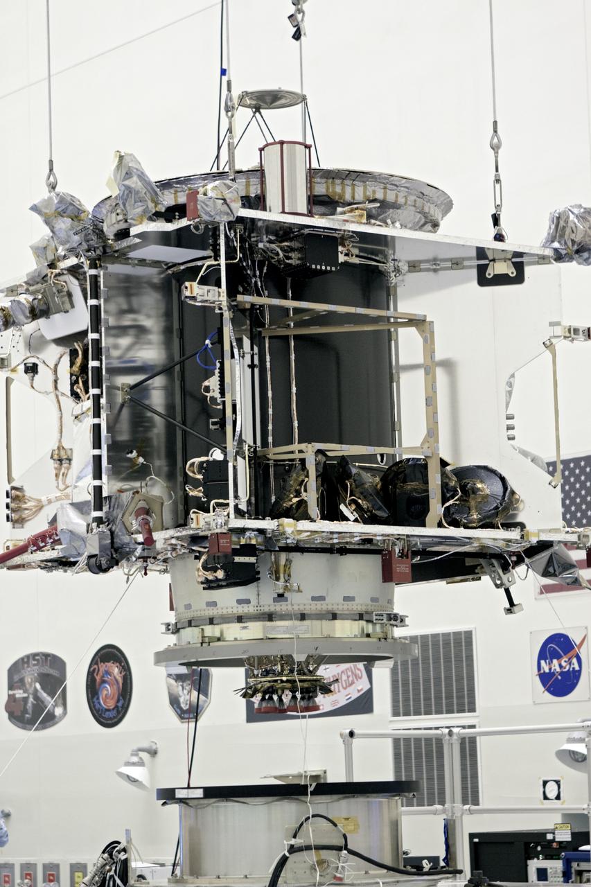 CAPE CANAVERAL, Fla. – Inside the Payload Hazardous Servicing Facility at NASA's Kennedy Space Center in Florida, engineers and technicians use a crane to move the Mars Atmosphere and Volatile Evolution, or MAVEN, spacecraft to a work stand for electrical testing. MAVEN is being prepared for its scheduled launch in November from Cape Canaveral Air Force Station, Fla. atop a United Launch Alliance Atlas V rocket. Positioned in an orbit above the Red Planet, MAVEN will study the upper atmosphere of Mars in unprecedented detail. For more information, visit: http://www.nasa.gov/mission_pages/maven/main/index.html Photo credit: NASA/Jim Grossmann MAVEN is being prepared inside the facility for its scheduled November launch aboard a United Launch Alliance Atlas V rocket to Mars. Positioned in an orbit above the Red Planet, MAVEN will study the upper atmosphere of Mars in unprecedented detail. Photo credit: NASA/Jim Grossmann