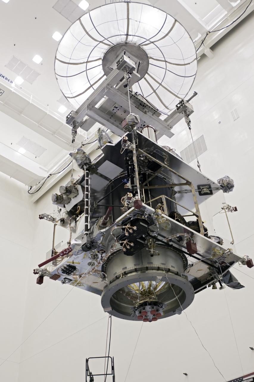 CAPE CANAVERAL, Fla. – Inside the Payload Hazardous Servicing Facility at NASA's Kennedy Space Center in Florida, engineers and technicians use a crane to move the Mars Atmosphere and Volatile Evolution, or MAVEN, spacecraft to a work stand for electrical testing. MAVEN is being prepared for its scheduled launch in November from Cape Canaveral Air Force Station, Fla. atop a United Launch Alliance Atlas V rocket. Positioned in an orbit above the Red Planet, MAVEN will study the upper atmosphere of Mars in unprecedented detail. For more information, visit: http://www.nasa.gov/mission_pages/maven/main/index.html Photo credit: NASA/Jim Grossmann MAVEN is being prepared inside the facility for its scheduled November launch aboard a United Launch Alliance Atlas V rocket to Mars. Positioned in an orbit above the Red Planet, MAVEN will study the upper atmosphere of Mars in unprecedented detail. Photo credit: NASA/Jim Grossmann