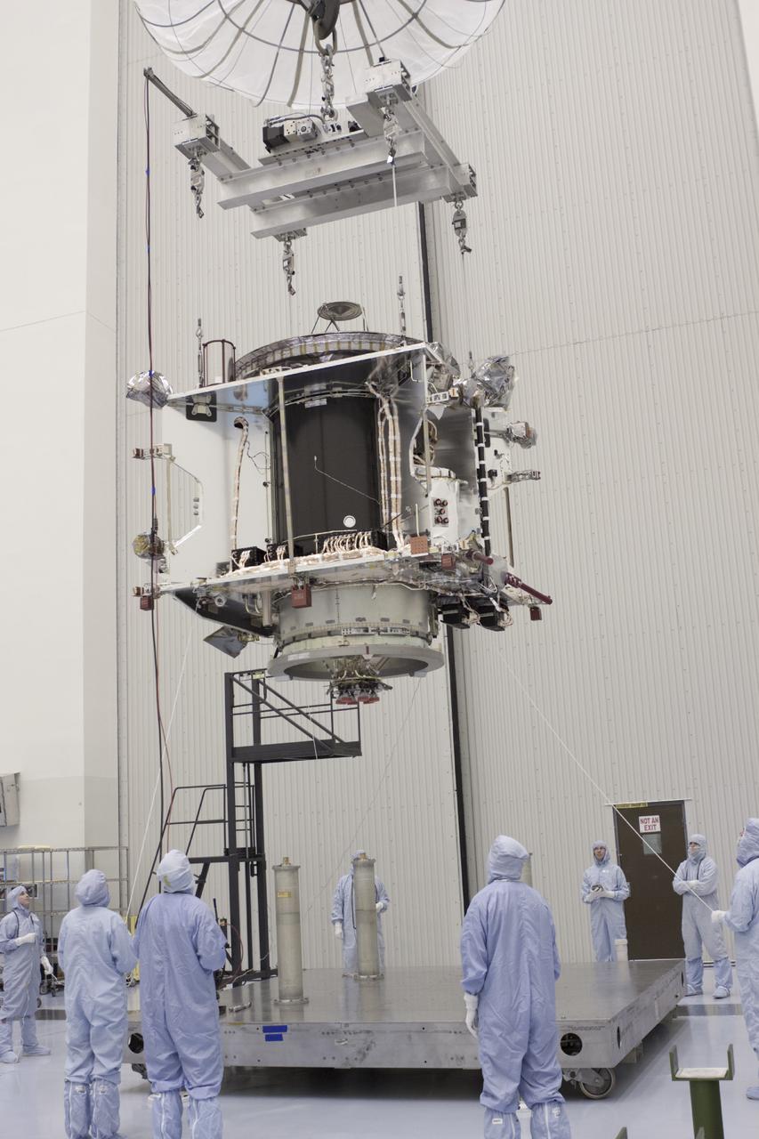 CAPE CANAVERAL, Fla. – Inside the Payload Hazardous Servicing Facility at NASA's Kennedy Space Center in Florida, engineers and technicians use a crane to move the Mars Atmosphere and Volatile Evolution, or MAVEN, spacecraft to a work stand for electrical testing. MAVEN is being prepared for its scheduled launch in November from Cape Canaveral Air Force Station, Fla. atop a United Launch Alliance Atlas V rocket. Positioned in an orbit above the Red Planet, MAVEN will study the upper atmosphere of Mars in unprecedented detail. For more information, visit: http://www.nasa.gov/mission_pages/maven/main/index.html Photo credit: NASA/Jim Grossmann MAVEN is being prepared inside the facility for its scheduled November launch aboard a United Launch Alliance Atlas V rocket to Mars. Positioned in an orbit above the Red Planet, MAVEN will study the upper atmosphere of Mars in unprecedented detail. Photo credit: NASA/Jim Grossmann
