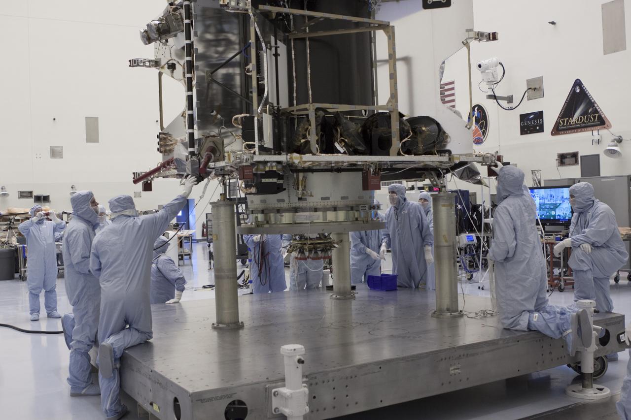 CAPE CANAVERAL, Fla. – Inside the Payload Hazardous Servicing Facility at NASA's Kennedy Space Center in Florida, engineers and technicians position the Mars Atmosphere and Volatile Evolution, or MAVEN, spacecraft on a work stand for electrical testing. MAVEN is being prepared for its scheduled launch in November from Cape Canaveral Air Force Station, Fla. atop a United Launch Alliance Atlas V rocket. Positioned in an orbit above the Red Planet, MAVEN will study the upper atmosphere of Mars in unprecedented detail. For more information, visit: http://www.nasa.gov/mission_pages/maven/main/index.html Photo credit: NASA/Jim Grossmann MAVEN is being prepared inside the facility for its scheduled November launch aboard a United Launch Alliance Atlas V rocket to Mars. Positioned in an orbit above the Red Planet, MAVEN will study the upper atmosphere of Mars in unprecedented detail. Photo credit: NASA/Jim Grossmann