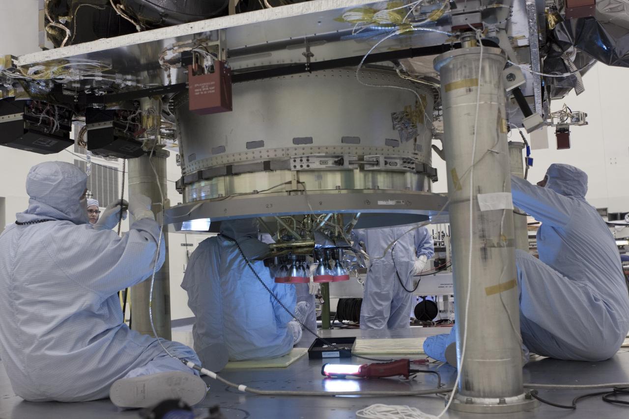CAPE CANAVERAL, Fla. – Inside the Payload Hazardous Servicing Facility at NASA's Kennedy Space Center in Florida, engineers and technicians position the Mars Atmosphere and Volatile Evolution, or MAVEN, spacecraft on a work stand for electrical testing. MAVEN is being prepared for its scheduled launch in November from Cape Canaveral Air Force Station, Fla. atop a United Launch Alliance Atlas V rocket. Positioned in an orbit above the Red Planet, MAVEN will study the upper atmosphere of Mars in unprecedented detail. For more information, visit: http://www.nasa.gov/mission_pages/maven/main/index.html Photo credit: NASA/Jim Grossmann MAVEN is being prepared inside the facility for its scheduled November launch aboard a United Launch Alliance Atlas V rocket to Mars. Positioned in an orbit above the Red Planet, MAVEN will study the upper atmosphere of Mars in unprecedented detail. Photo credit: NASA/Jim Grossmann