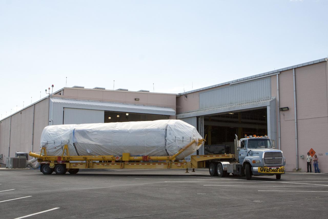 CAPE CANAVERAL, Fla. – United Launch Alliance Atlas V rocket first and second stages arrive at to the Atlas Spaceflight Operations Center, or ASOC, at Cape Canaveral Air Force Station. There, the launch vehicle will begin processing for the Mars Atmosphere and Volatile Evolution, or MAVEN, spacecraft to the Red Planet.       MAVEN is being prepared for its scheduled launch in November from Cape Canaveral Air Force Station, Fla. atop a United Launch Alliance Atlas V rocket. Positioned in an orbit above the Red Planet, MAVEN will study the upper atmosphere of Mars in unprecedented detail. For more information, visit: http://www.nasa.gov/mission_pages/maven/main/index.html Photo credit: NASA/Kim Shiflett