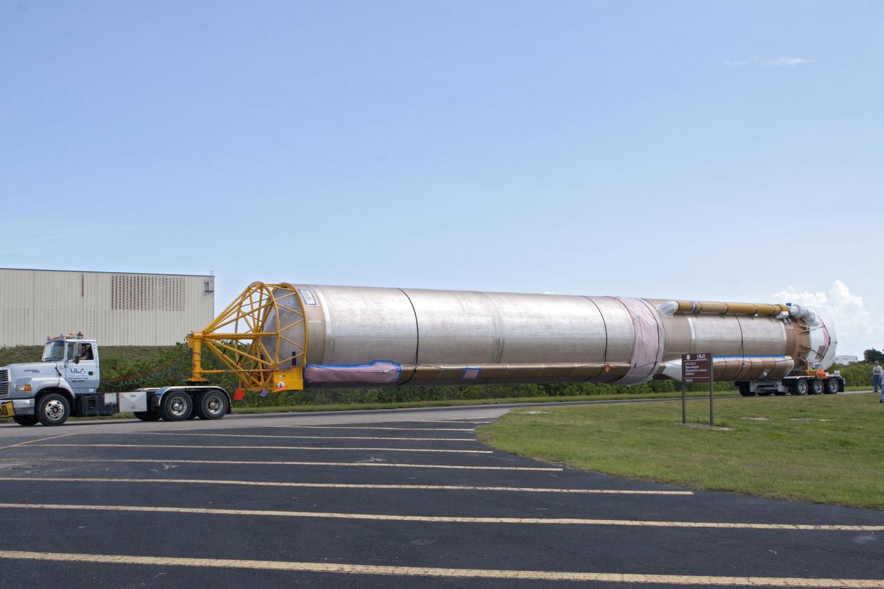 CAPE CANAVERAL, Fla. – United Launch Alliance Atlas V rocket first and second stages arrive at to the Atlas Spaceflight Operations Center, or ASOC, at Cape Canaveral Air Force Station. There, the launch vehicle will begin processing for the Mars Atmosphere and Volatile Evolution, or MAVEN, spacecraft to the Red Planet.       MAVEN is being prepared for its scheduled launch in November from Cape Canaveral Air Force Station, Fla. atop a United Launch Alliance Atlas V rocket. Positioned in an orbit above the Red Planet, MAVEN will study the upper atmosphere of Mars in unprecedented detail. For more information, visit: http://www.nasa.gov/mission_pages/maven/main/index.html Photo credit: NASA/Kim Shiflett