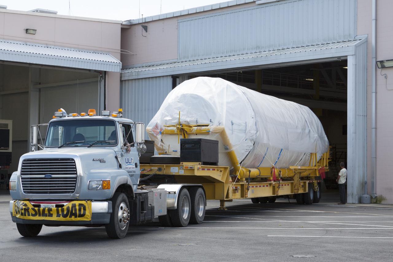 CAPE CANAVERAL, Fla. – United Launch Alliance Atlas V rocket first and second stages arrive at to the Atlas Spaceflight Operations Center, or ASOC, at Cape Canaveral Air Force Station. There, the launch vehicle will begin processing for the Mars Atmosphere and Volatile Evolution, or MAVEN, spacecraft to the Red Planet.       MAVEN is being prepared for its scheduled launch in November from Cape Canaveral Air Force Station, Fla. atop a United Launch Alliance Atlas V rocket. Positioned in an orbit above the Red Planet, MAVEN will study the upper atmosphere of Mars in unprecedented detail. For more information, visit: http://www.nasa.gov/mission_pages/maven/main/index.html Photo credit: NASA/Kim Shiflett