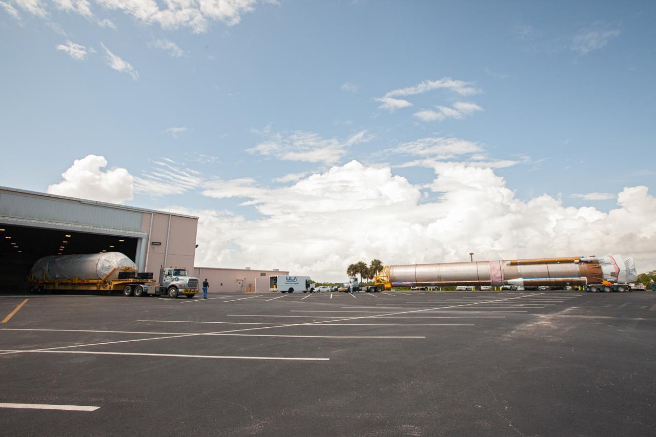 CAPE CANAVERAL, Fla. – United Launch Alliance Atlas V rocket first and second stages arrive at to the Atlas Spaceflight Operations Center, or ASOC, at Cape Canaveral Air Force Station. There, the launch vehicle will begin processing for the Mars Atmosphere and Volatile Evolution, or MAVEN, spacecraft to the Red Planet.       MAVEN is being prepared for its scheduled launch in November from Cape Canaveral Air Force Station, Fla. atop a United Launch Alliance Atlas V rocket. Positioned in an orbit above the Red Planet, MAVEN will study the upper atmosphere of Mars in unprecedented detail. For more information, visit: http://www.nasa.gov/mission_pages/maven/main/index.html Photo credit: NASA/Kim Shiflett