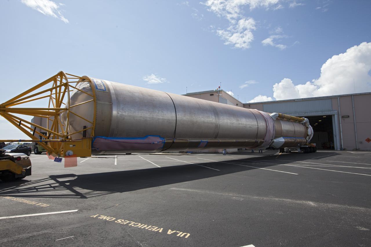 CAPE CANAVERAL, Fla. – United Launch Alliance Atlas V rocket first and second stages arrive at to the Atlas Spaceflight Operations Center, or ASOC, at Cape Canaveral Air Force Station. There, the launch vehicle will begin processing for the Mars Atmosphere and Volatile Evolution, or MAVEN, spacecraft to the Red Planet.       MAVEN is being prepared for its scheduled launch in November from Cape Canaveral Air Force Station, Fla. atop a United Launch Alliance Atlas V rocket. Positioned in an orbit above the Red Planet, MAVEN will study the upper atmosphere of Mars in unprecedented detail. For more information, visit: http://www.nasa.gov/mission_pages/maven/main/index.html Photo credit: NASA/Kim Shiflett