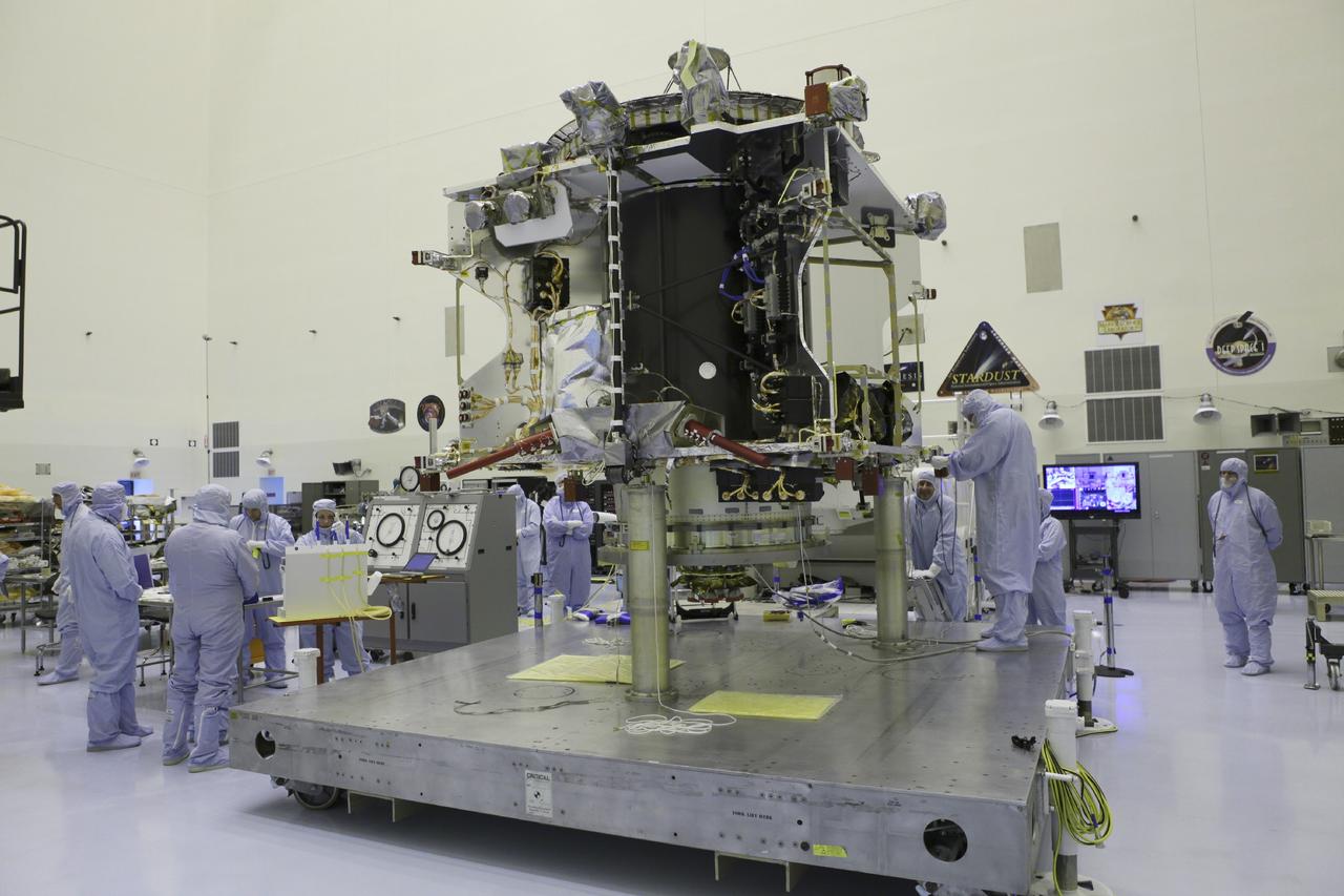 CAPE CANAVERAL, Fla. – Inside the Payload Hazardous Servicing Facility at NASA's Kennedy Space Center in Florida, technicians prepare to hoist the Mars Atmosphere and Volatile Evolution spacecraft, or MAVEN, onto the rotation fixture for further testing and prelaunch preparations next week. MAVEN is being readied for its scheduled November launch aboard a United Launch Alliance Atlas V rocket to Mars. Positioned in an orbit above the Red Planet, MAVEN will study the upper atmosphere of Mars in unprecedented detail. Photo credit: NASA/Chris Rhodes