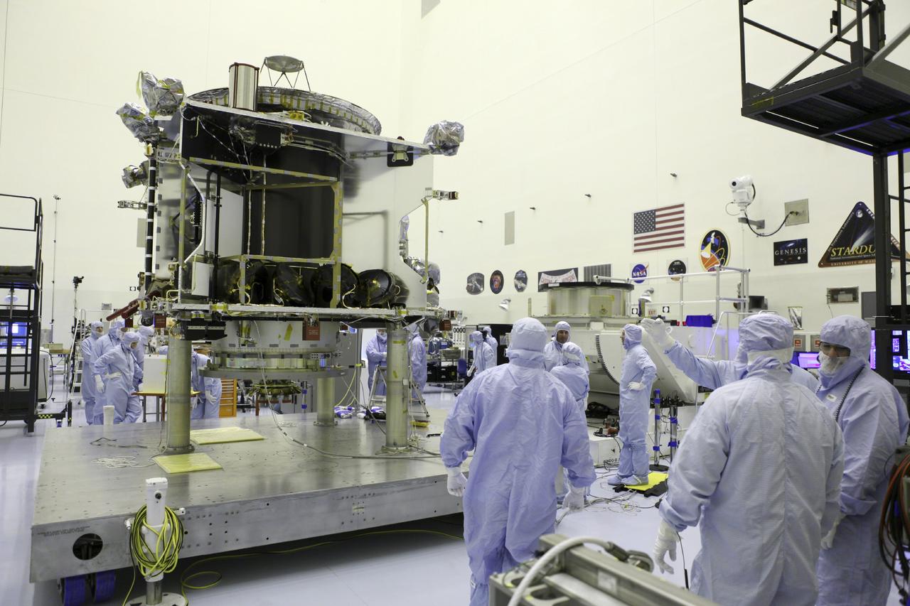 CAPE CANAVERAL, Fla. – Inside the Payload Hazardous Servicing Facility at NASA's Kennedy Space Center in Florida, technicians prepare to hoist the Mars Atmosphere and Volatile Evolution spacecraft, or MAVEN, onto the rotation fixture for further testing and prelaunch preparations next week. MAVEN is being readied for its scheduled November launch aboard a United Launch Alliance Atlas V rocket to Mars. Positioned in an orbit above the Red Planet, MAVEN will study the upper atmosphere of Mars in unprecedented detail. Photo credit: NASA/Chris Rhodes