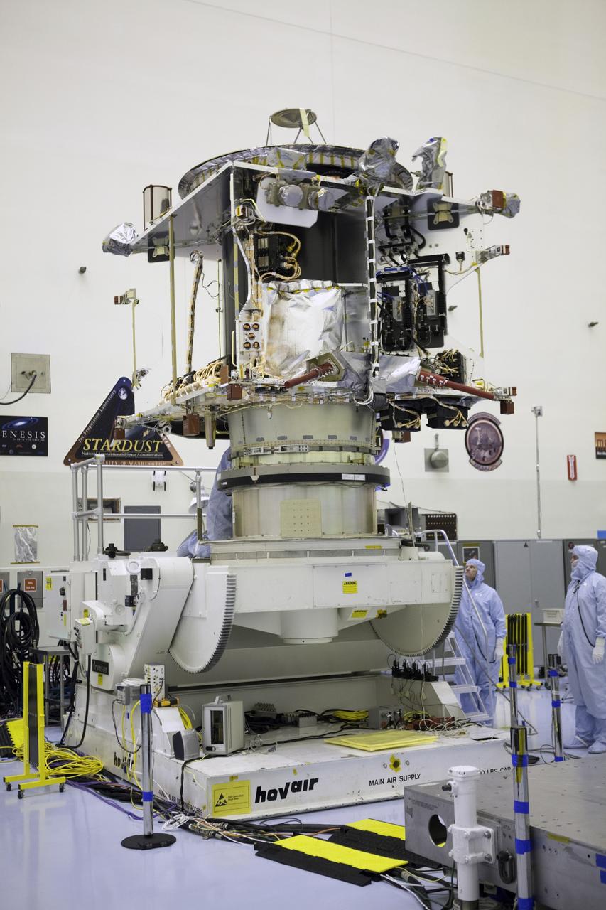 CAPE CANAVERAL, Fla. – Inside the Payload Hazardous Servicing Facility at NASA's Kennedy Space Center in Florida, the Mars Atmosphere and Volatile Evolution spacecraft, or MAVEN, stands on the rotation fixture where it will undergo further testing and prelaunch preparations next week. MAVEN is being readied for its scheduled November launch aboard a United Launch Alliance Atlas V rocket to Mars. Positioned in an orbit above the Red Planet, MAVEN will study the upper atmosphere of Mars in unprecedented detail. Photo credit: NASA/Chris Rhodes