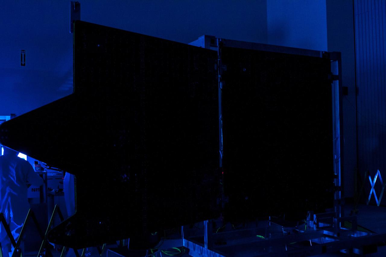 CAPE CANAVERAL, Fla. – Inside the Payload Hazardous Servicing Facility at NASA's Kennedy Space Center in Florida, illumination testing is underway on the electricity-producing solar arrays for the Mars Atmosphere and Volatile Evolution, or MAVEN, spacecraft.      MAVEN is being prepared for its scheduled launch in November from Cape Canaveral Air Force Station, Fla. atop a United Launch Alliance Atlas V rocket. Positioned in an orbit above the Red Planet, MAVEN will study the upper atmosphere of Mars in unprecedented detail. For more information, visit: http://www.nasa.gov/mission_pages/maven/main/index.html Photo credit: NASA/ Jim Grossmann