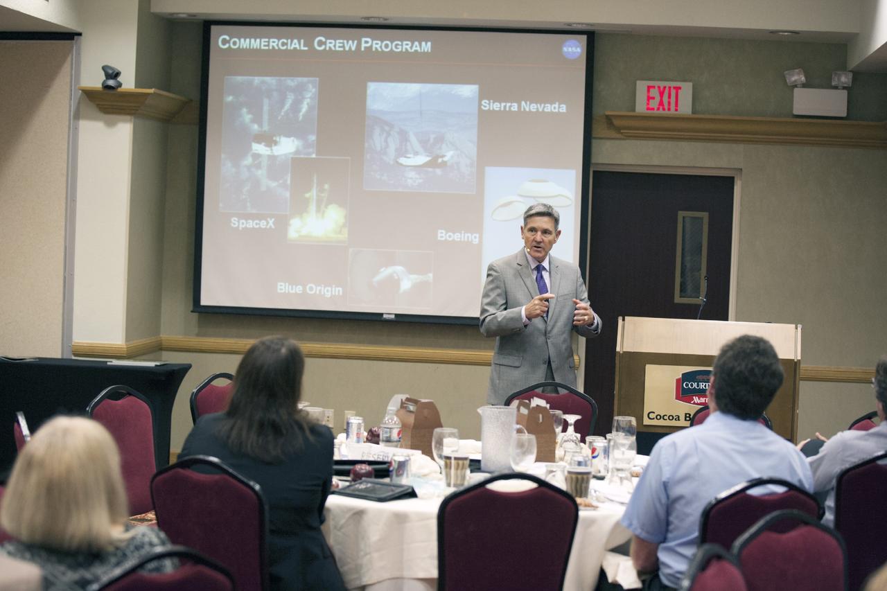 CAPE CANAVERAL, Fla. – Bob Cabana, director of NASA's Kennedy Space Center in Florida, discusses technology transfer with attendees at the Technology Transfer Forum of the Economic Development Commission of Florida's Space Coast. A goal of the session was to showcase ways commercial businesses can work with NASA to develop technology and apply existing technology to commercial uses. Photo credit: NASA/Glenn Benson