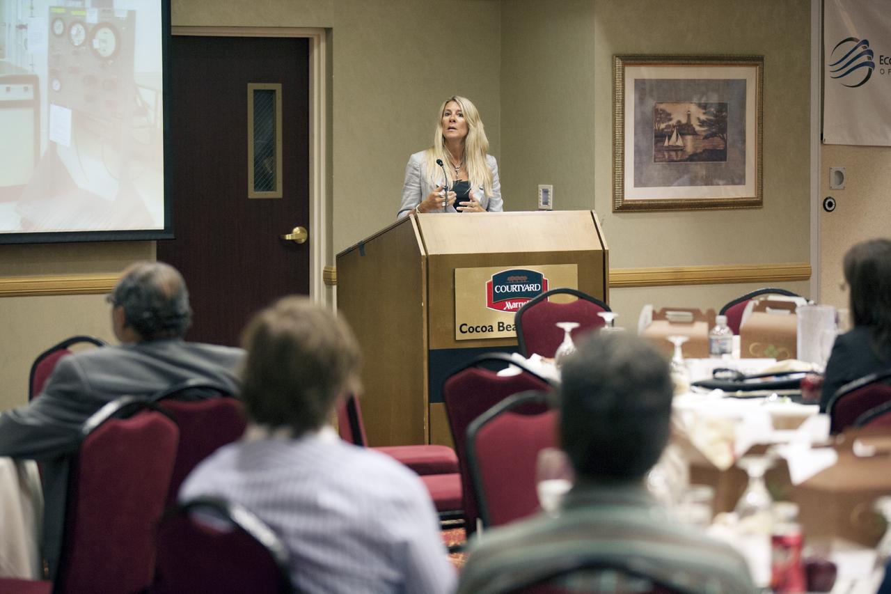 CAPE CANAVERAL, Fla. – Carol Craig, founder and CEO of Craig Technologies, discusses technology transfer with attendees at the Technology Transfer Forum of the Economic Development Commission of Florida's Space Coast. A goal of the session was to showcase ways commercial businesses can work with NASA to develop technology and apply existing technology to commercial uses. Photo credit: NASA/Glenn Benson