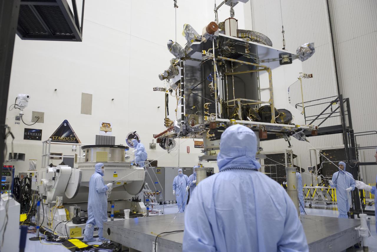 CAPE CANAVERAL, Fla. – Inside the Payload Hazardous Servicing Facility at NASA's Kennedy Space Center in Florida, engineers and technicians use a crane to move the Mars Atmosphere and Volatile Evolution, or MAVEN, spacecraft from a work fixture to a tilt and rotation stand for further pre-flight processing.      MAVEN is being prepared for its scheduled launch in November from Cape Canaveral Air Force Station, Fla. atop a United Launch Alliance Atlas V rocket. Positioned in an orbit above the Red Planet, MAVEN will study the upper atmosphere of Mars in unprecedented detail. For more information, visit: http://www.nasa.gov/mission_pages/maven/main/index.html Photo credit: NASA/ Charisse Nahser