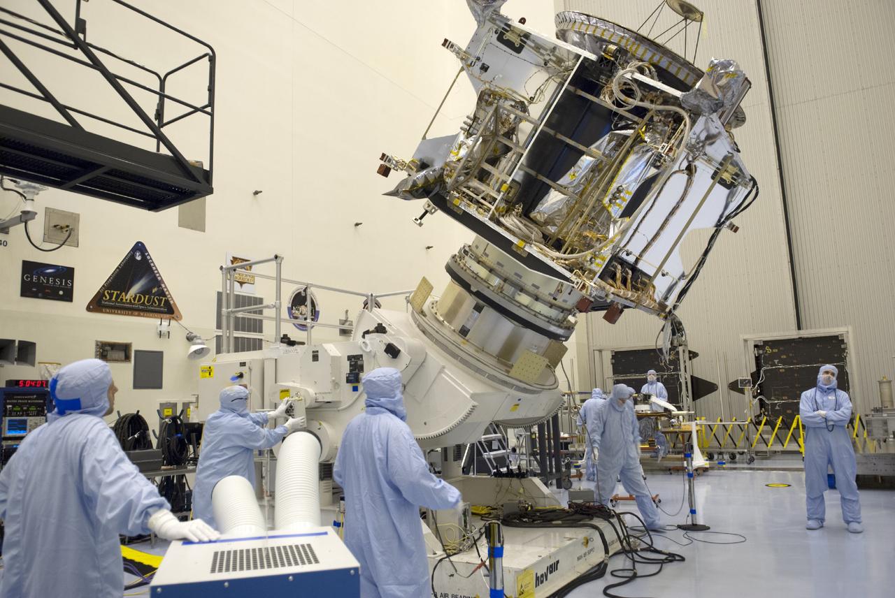 CAPE CANAVERAL, Fla. – Inside the Payload Hazardous Servicing Facility at NASA's Kennedy Space Center in Florida, engineers and technicians move the Mars Atmosphere and Volatile Evolution, or MAVEN, spacecraft into position on a tilt and rotation stand for further pre-flight processing.      MAVEN is being prepared for its scheduled launch in November from Cape Canaveral Air Force Station, Fla. atop a United Launch Alliance Atlas V rocket. Positioned in an orbit above the Red Planet, MAVEN will study the upper atmosphere of Mars in unprecedented detail. For more information, visit: http://www.nasa.gov/mission_pages/maven/main/index.html Photo credit: NASA/ Charisse Nahser