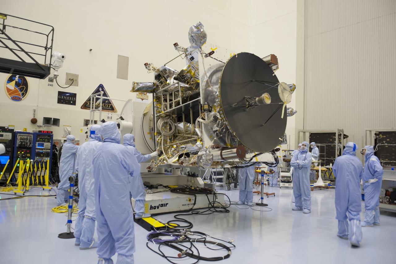 CAPE CANAVERAL, Fla. – Inside the Payload Hazardous Servicing Facility at NASA's Kennedy Space Center in Florida, engineers and technicians move the Mars Atmosphere and Volatile Evolution, or MAVEN, spacecraft into position on a tilt and rotation stand for further pre-flight processing.      MAVEN is being prepared for its scheduled launch in November from Cape Canaveral Air Force Station, Fla. atop a United Launch Alliance Atlas V rocket. Positioned in an orbit above the Red Planet, MAVEN will study the upper atmosphere of Mars in unprecedented detail. For more information, visit: http://www.nasa.gov/mission_pages/maven/main/index.html Photo credit: NASA/ Charisse Nahser