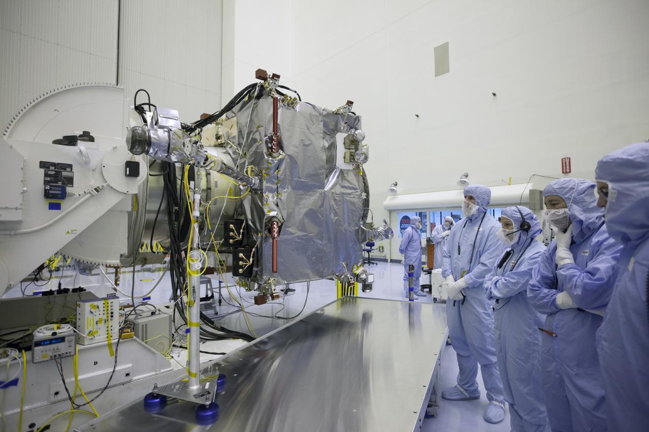 CAPE CANAVERAL, Fla. – Inside the Payload Hazardous Servicing Facility at NASA's Kennedy Space Center in Florida, engineers and technicians deploy the Solar Wind Electron Analyzer boom on the Mars Atmosphere and Volatile Evolution, or MAVEN, spacecraft. The analyzer will measure the solar wind and electrons in the ionosphere of the Red Planet.      MAVEN is being prepared for its scheduled launch in November from Cape Canaveral Air Force Station, Fla. atop a United Launch Alliance Atlas V rocket. Positioned in an orbit above the Red Planet, MAVEN will study the upper atmosphere of Mars in unprecedented detail. For more information, visit: http://www.nasa.gov/mission_pages/maven/main/index.html Photo credit: NASA/Kim Shiflett