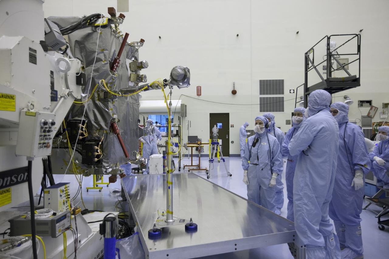 CAPE CANAVERAL, Fla. – Inside the Payload Hazardous Servicing Facility at NASA's Kennedy Space Center in Florida, engineers and technicians deploy the Solar Wind Electron Analyzer boom on the Mars Atmosphere and Volatile Evolution, or MAVEN, spacecraft. The analyzer will measure the solar wind and electrons in the ionosphere of the Red Planet.      MAVEN is being prepared for its scheduled launch in November from Cape Canaveral Air Force Station, Fla. atop a United Launch Alliance Atlas V rocket. Positioned in an orbit above the Red Planet, MAVEN will study the upper atmosphere of Mars in unprecedented detail. For more information, visit: http://www.nasa.gov/mission_pages/maven/main/index.html Photo credit: NASA/Kim Shiflett
