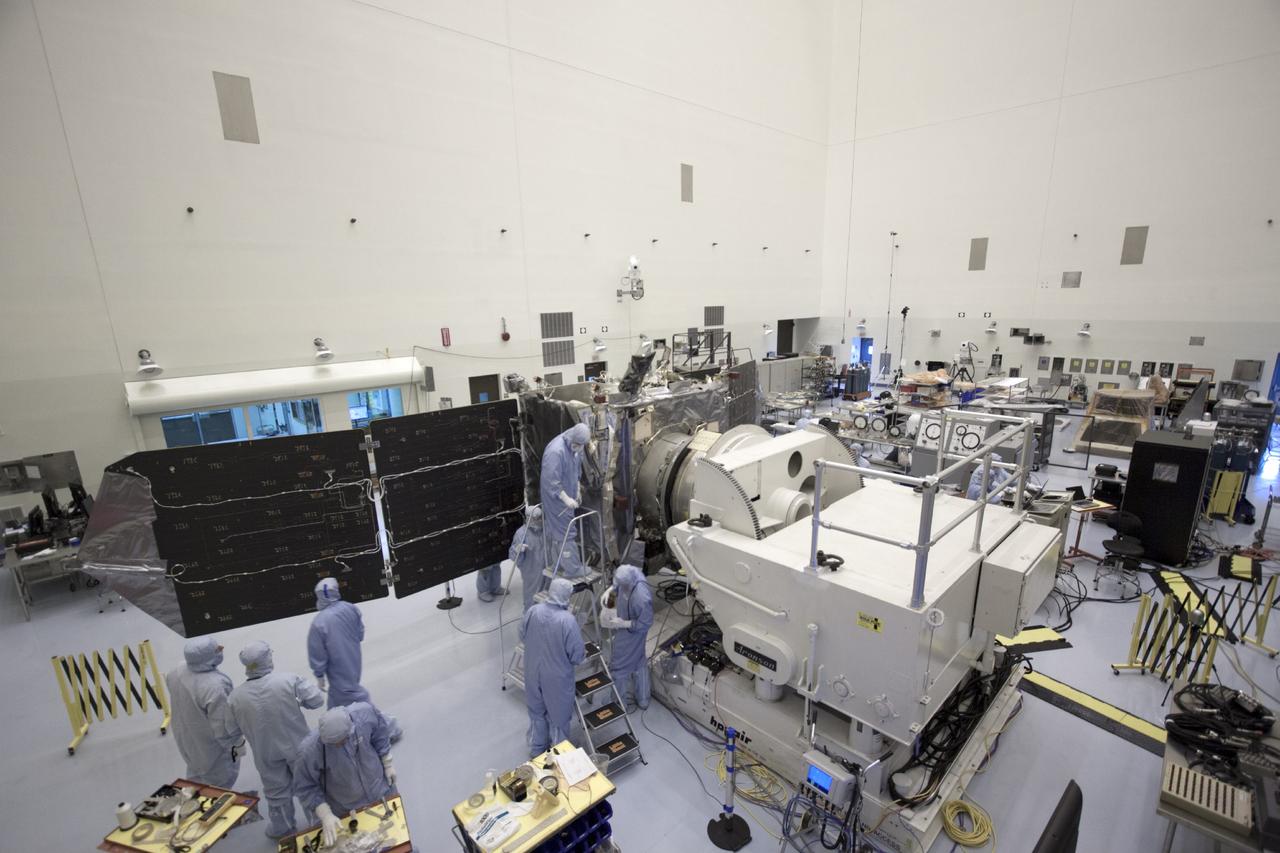 CAPE CANAVERAL, Fla. – Inside the Payload Hazardous Servicing Facility at NASA's Kennedy Space Center in Florida, engineers and technicians have begun the process to stow the power-generating solar arrays for the Mars Atmosphere and Volatile Evolution, or MAVEN, spacecraft. MAVEN is being prepared for its scheduled launch on Nov 18, 2013 from Cape Canaveral Air Force Station, Fla. atop a United Launch Alliance Atlas V rocket. Positioned in an orbit above the Red Planet, MAVEN will study the upper atmosphere of Mars in unprecedented detail. For more information, visit: http://www.nasa.gov/mission_pages/maven/main/index.html Photo credit: NASA/Jim Grossmann