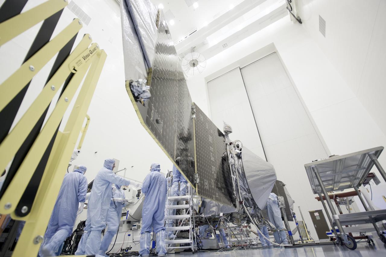 CAPE CANAVERAL, Fla. – Inside the Payload Hazardous Servicing Facility at NASA's Kennedy Space Center in Florida, engineers and technicians have begun the process to stow the power-generating solar arrays for the Mars Atmosphere and Volatile Evolution, or MAVEN, spacecraft.      MAVEN is being prepared for its scheduled launch on Nov 18, 2013 from Cape Canaveral Air Force Station, Fla. atop a United Launch Alliance Atlas V rocket. Positioned in an orbit above the Red Planet, MAVEN will study the upper atmosphere of Mars in unprecedented detail. For more information, visit: http://www.nasa.gov/mission_pages/maven/main/index.html Photo credit: NASA/Jim Grossmann
